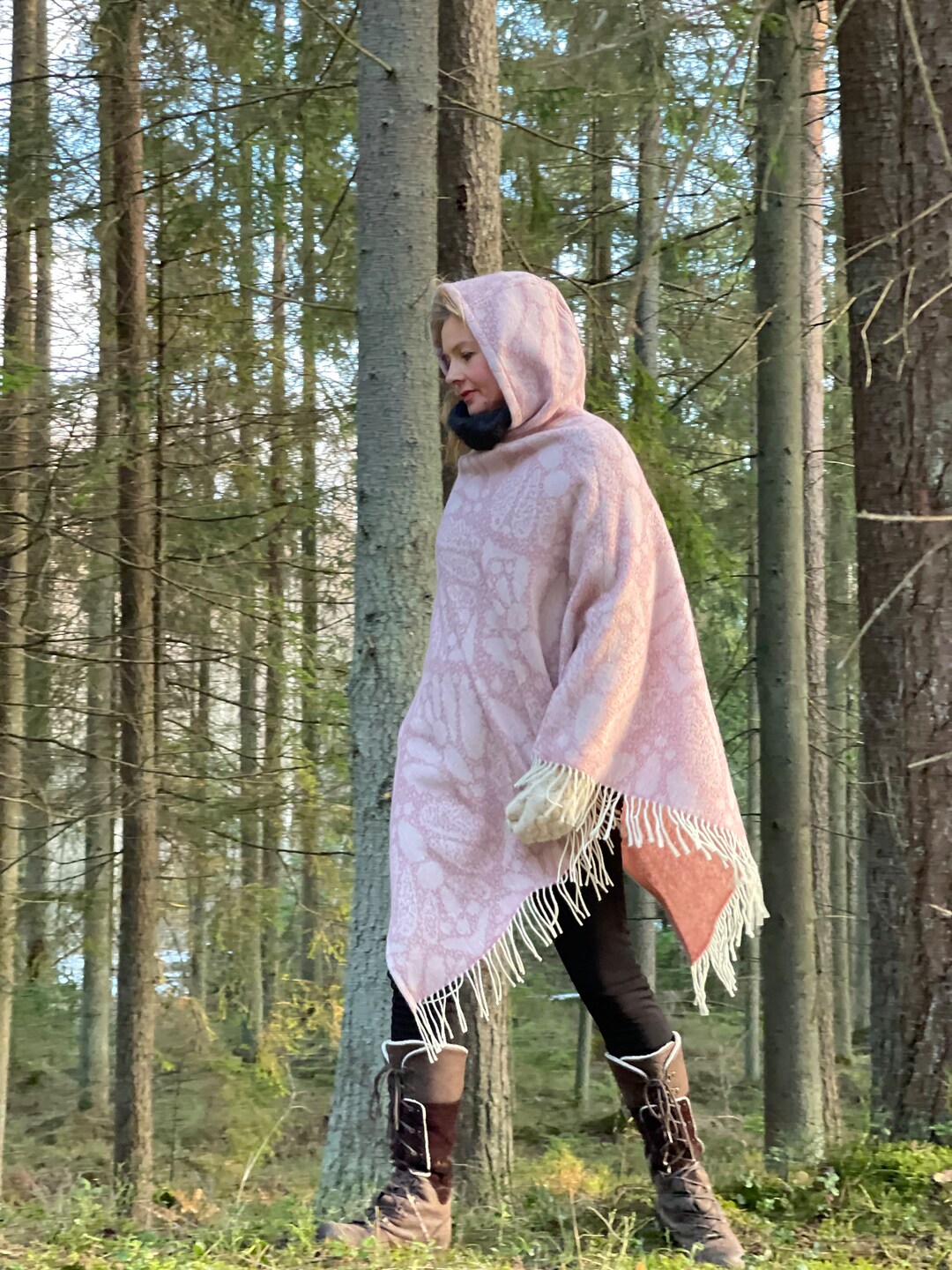 Pink Merino Wool Blanket Poncho Cape With Hood Light Pink Etsy