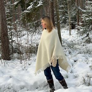 Cream white wool poncho cape White blanket poncho cape with fringes Pure wool blanket poncho cape Off- white wool blanket ponchos cape cloak