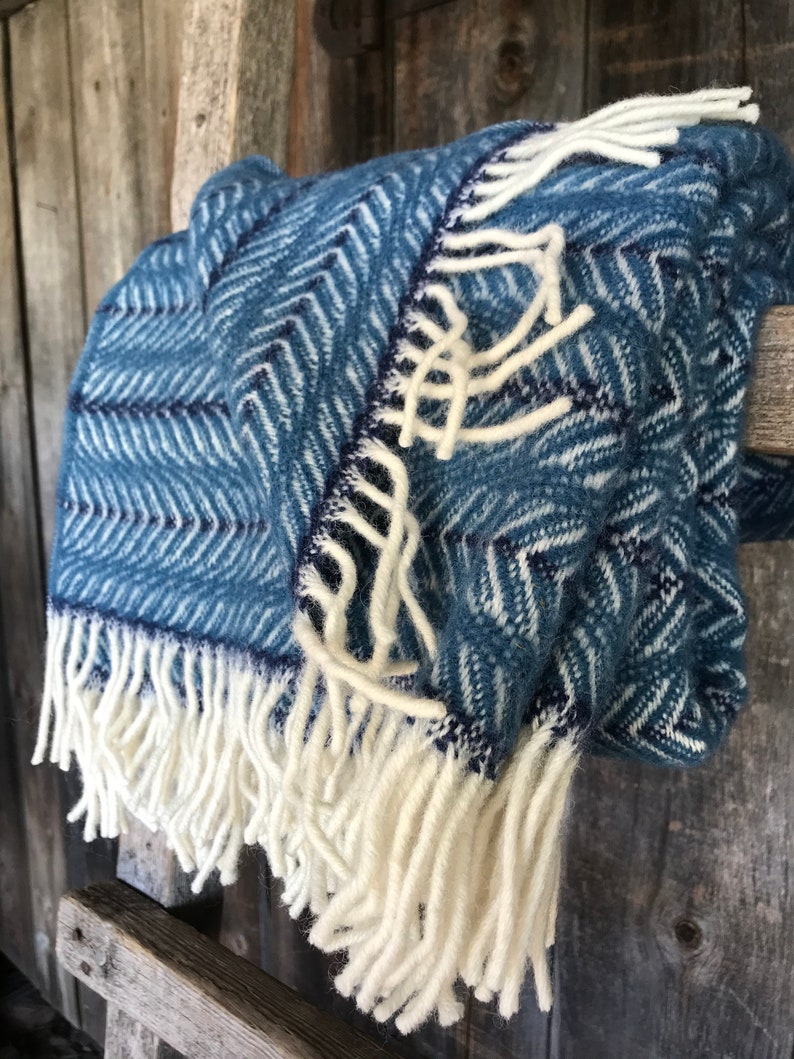 Blue/white herringbone throw blanket with fringes Pure wool Etsy