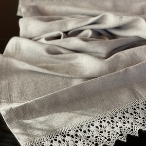 Rustic linen table runner, Natural linen runner Vintage linen table runner Stonewashed farmhouse table runner natural grey floral linen lace