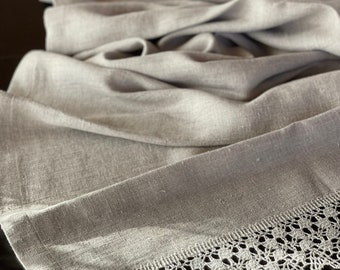 Rustic linen table runner, Natural linen runner Vintage linen table runner Stonewashed farmhouse table runner natural grey floral linen lace