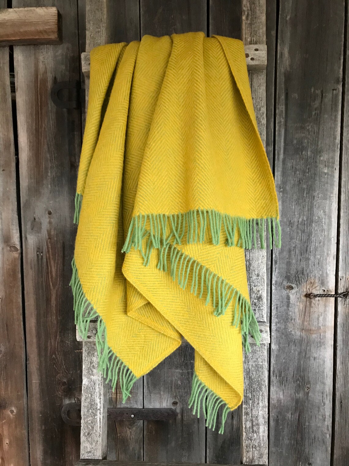 Mustard yellow wool throw blanket with green fringes Etsy