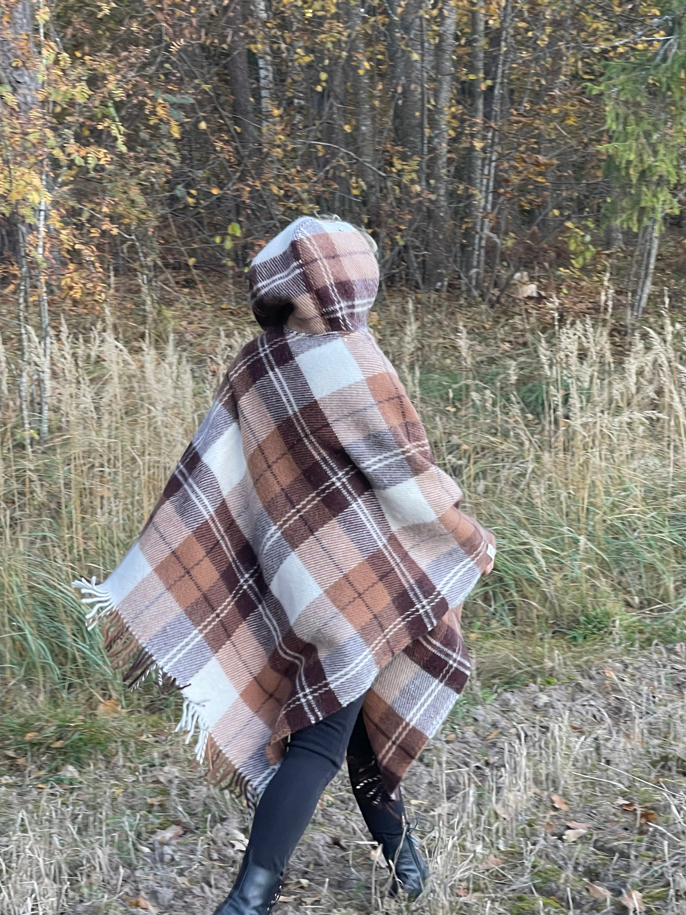 Brown Lambswool Poncho Cape With Hood in Check Brown/cream Brown Lambswool Poncho Cape With Hood in Check Brown/cream