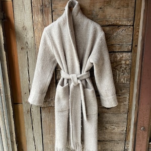 Beige lambswool robe coat with tie belt and pockets Pure wool blanket robe coat warm and breathable Robe coat beige winter robe pure wool