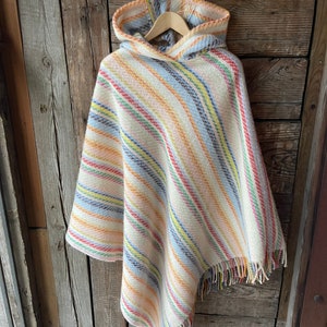 White lambswool poncho cape with hood Multicoloured hooded wool blanket poncho cape Long wool poncho cape Wool blanket cloak with hood