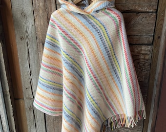 White lambswool poncho cape with hood Multicoloured hooded wool blanket poncho cape Long wool poncho cape Wool blanket cloak with hood