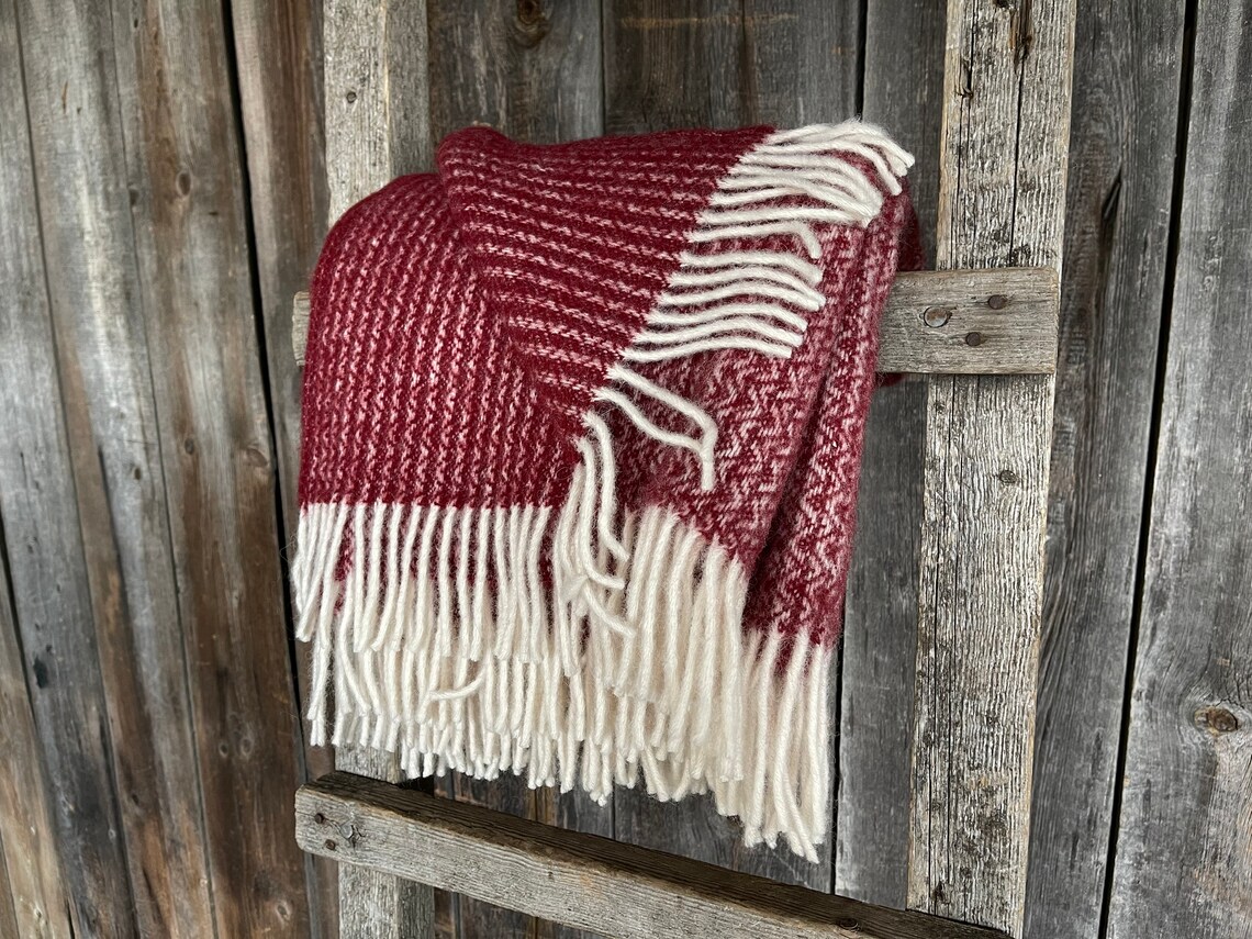 Wine Red/white Wool Throw Blanket With Fringes Pure Wool Etsy