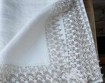 Mantel de lino blanco, mantel de lino con encaje, mantel de comedor, mantel de lino blanco con encaje, estampado floral de encaje blanco/gris natural