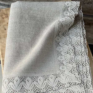 Linen tablecloth with linen lace Natural grey linen tabletcloth Dining tablecloth grey linen lace Floral ornament natural grey linen laced