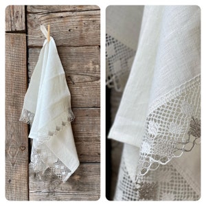 White linen tea towel with lace, Laced white linen tea towel, Vintage stonewashed linen tea towel with white linen lace 19''x33''/50x85cm
