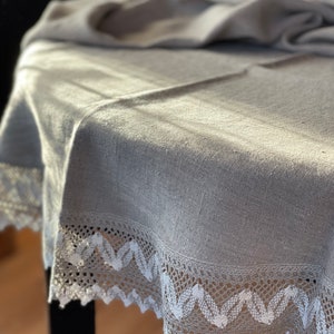 Round linen tablecloth, Natural linen tabletcloth laced, Dining tablecloth, Grey linen tablecloth with linen lace, Natural grey linen colour