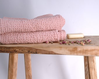 Lot de 2 gaufre lin rose poussiéreux serviette 28'x 55' en/70x140cm, doux lin serviette de bain, serviette en lin gaufré, serviette de bain lin souple, serviette Woodrose