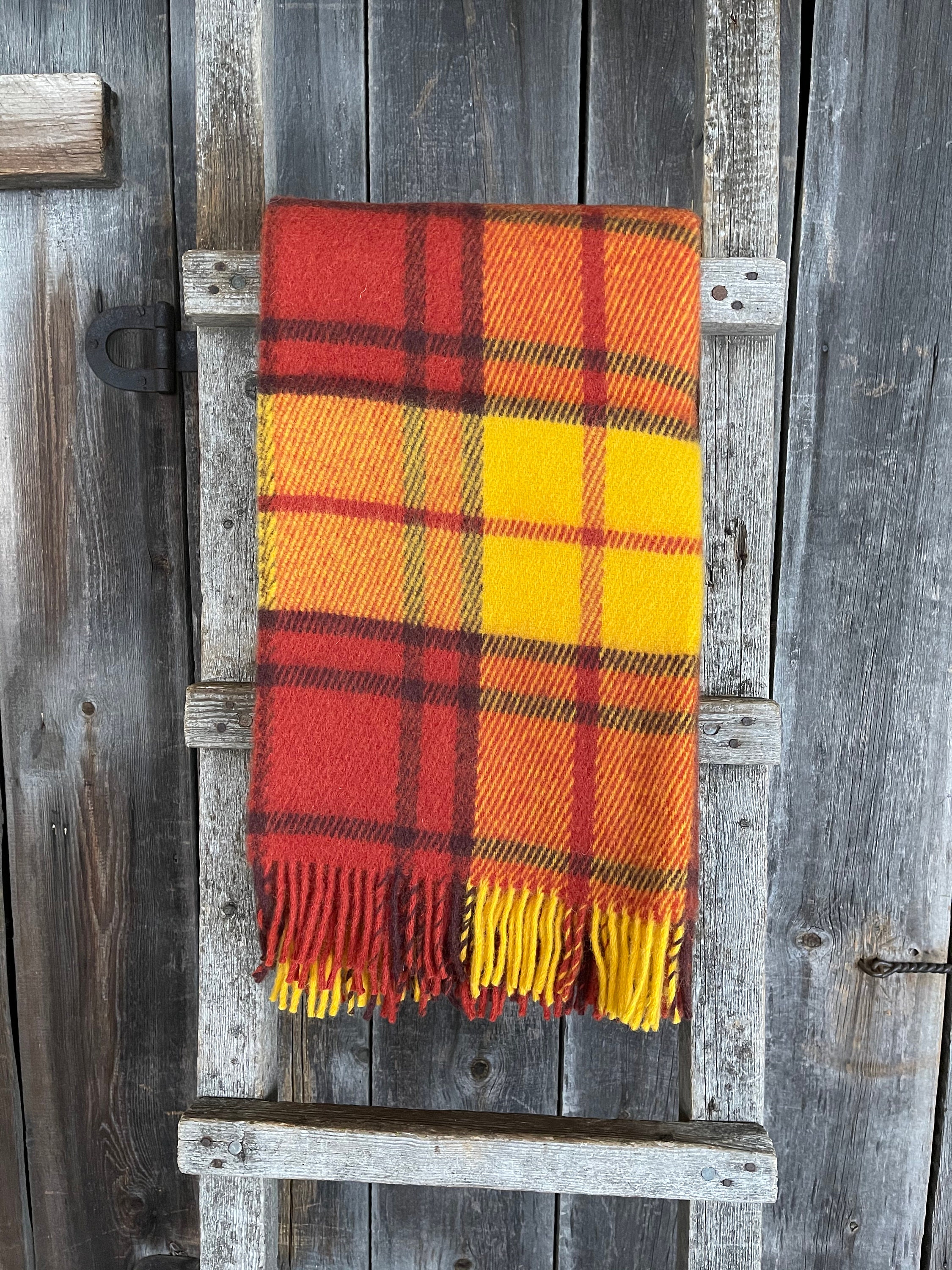 Red/orange/yellow classic check wool throw blanket with Etsy