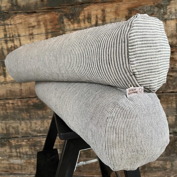Grey striped linen bolster pillow Buckwheat roll neck pillow Adjustable bolster pillow with stonewashed linen pillowcover 4'x20'/10X50cm