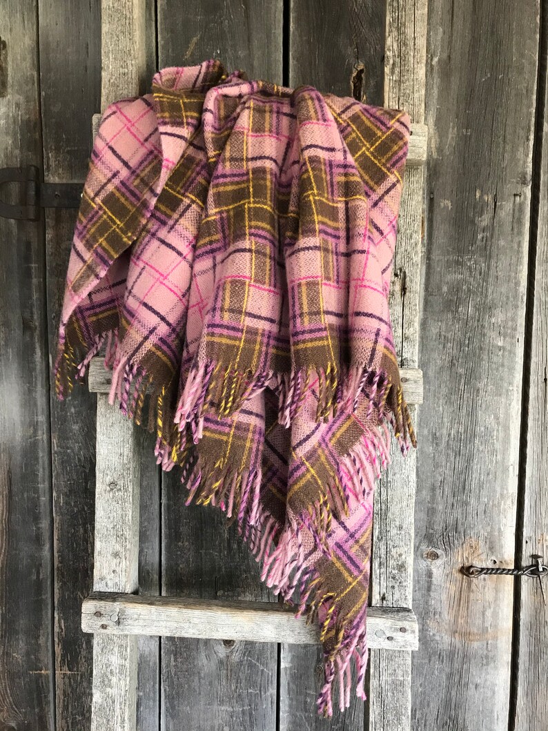 Purple/green check wool throw blanket with fringes Pure wool Etsy