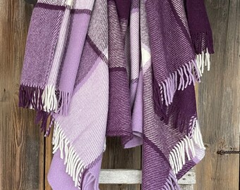 Lilac/lavender/wite large check wool throw blanket with fringes Purple/white wool throw blanket in check Violet throw 55''X81''/140X205cm
