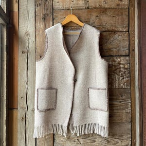 Beige wool blanket VEST with pockets Pure lambswool sleeveless vest Pockets Fringes button XL size wool Wrap around body warm breathable