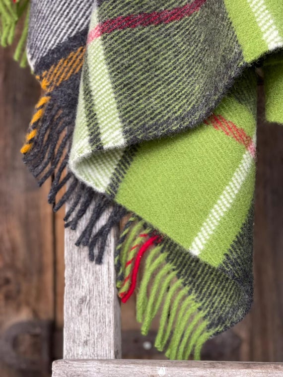 グリーン タータン チェック ウール スロー ブランケット グリーン