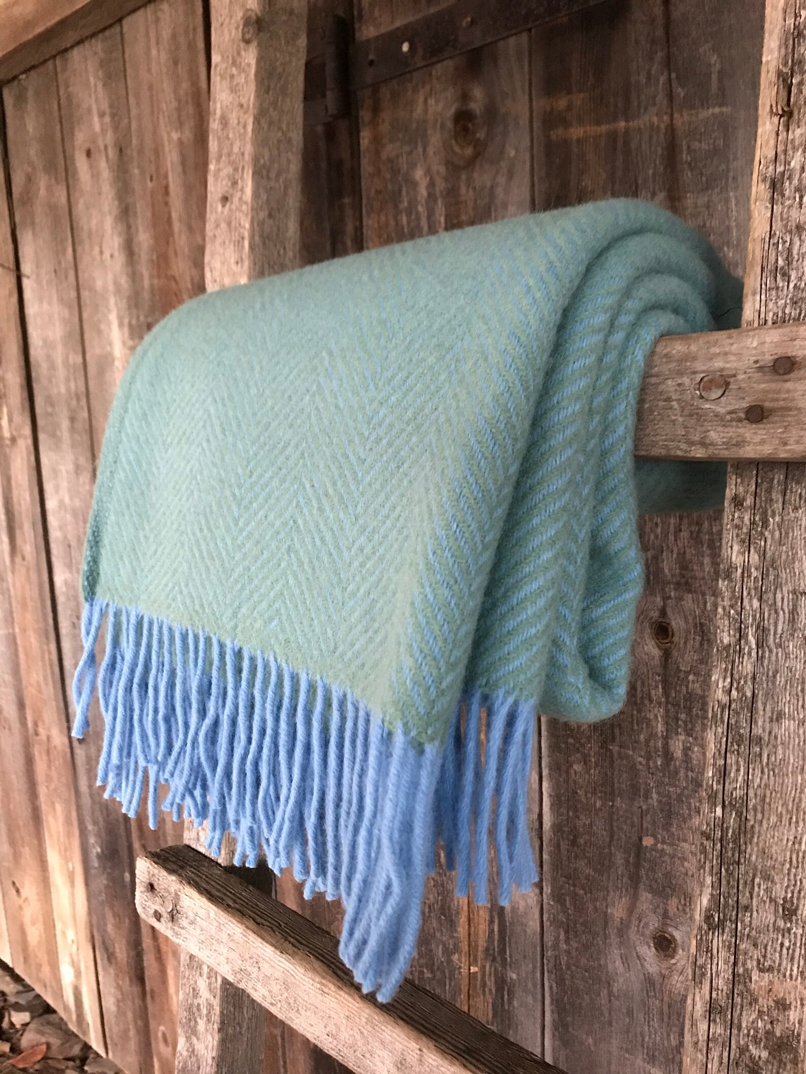Mint green wool throw blanket with blue fringes herringbone Etsy
