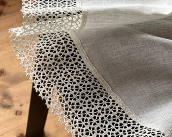 White linen tablecloth Laced linen tablecloths Dining tablecloth White linen Off white pure linen tablecloth white/grey lace ~8 cm/3.1''