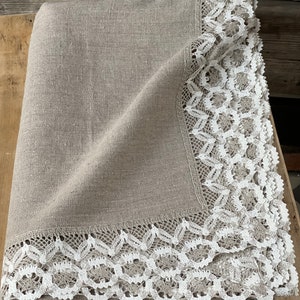 Linen tablecloth with lace Natural grey linen tabletcloth Dining tablecloth grey linen laced Floral ornament natural grey/white lace