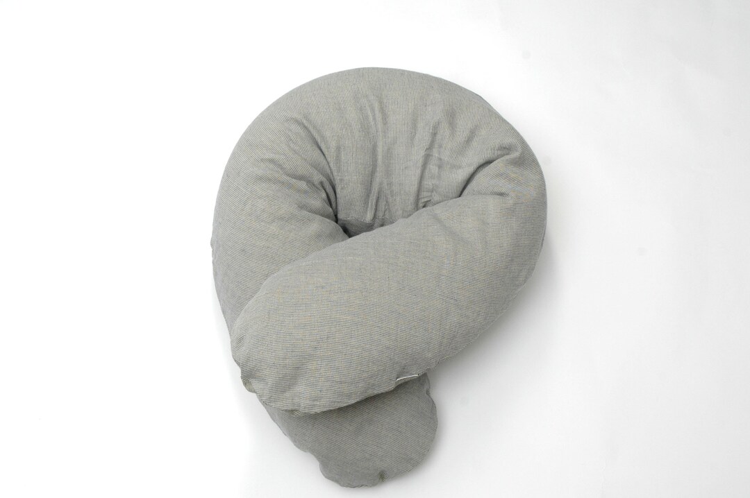 XXL Grey/blue Striped Linen Buckwheat Nursing Pillow Stonewashed Linen