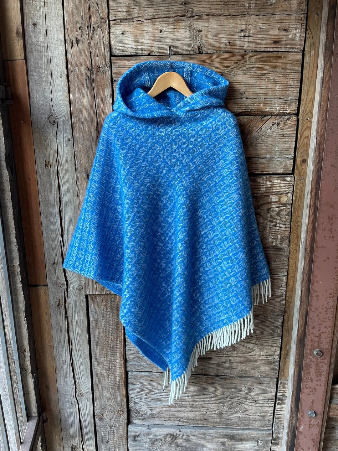 Royal Blue Wool Blanket Poncho Cape Blue/white Hooded Poncho Etsy