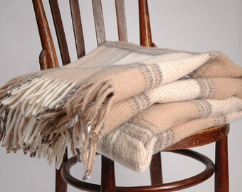 Zuiver wollen deken met franjes Melkwit/zandbeige geruit Lamswollen deken Pure wollen plaids Wollen plaid 55''X81''/140 x 205 cm Perfect cadeau