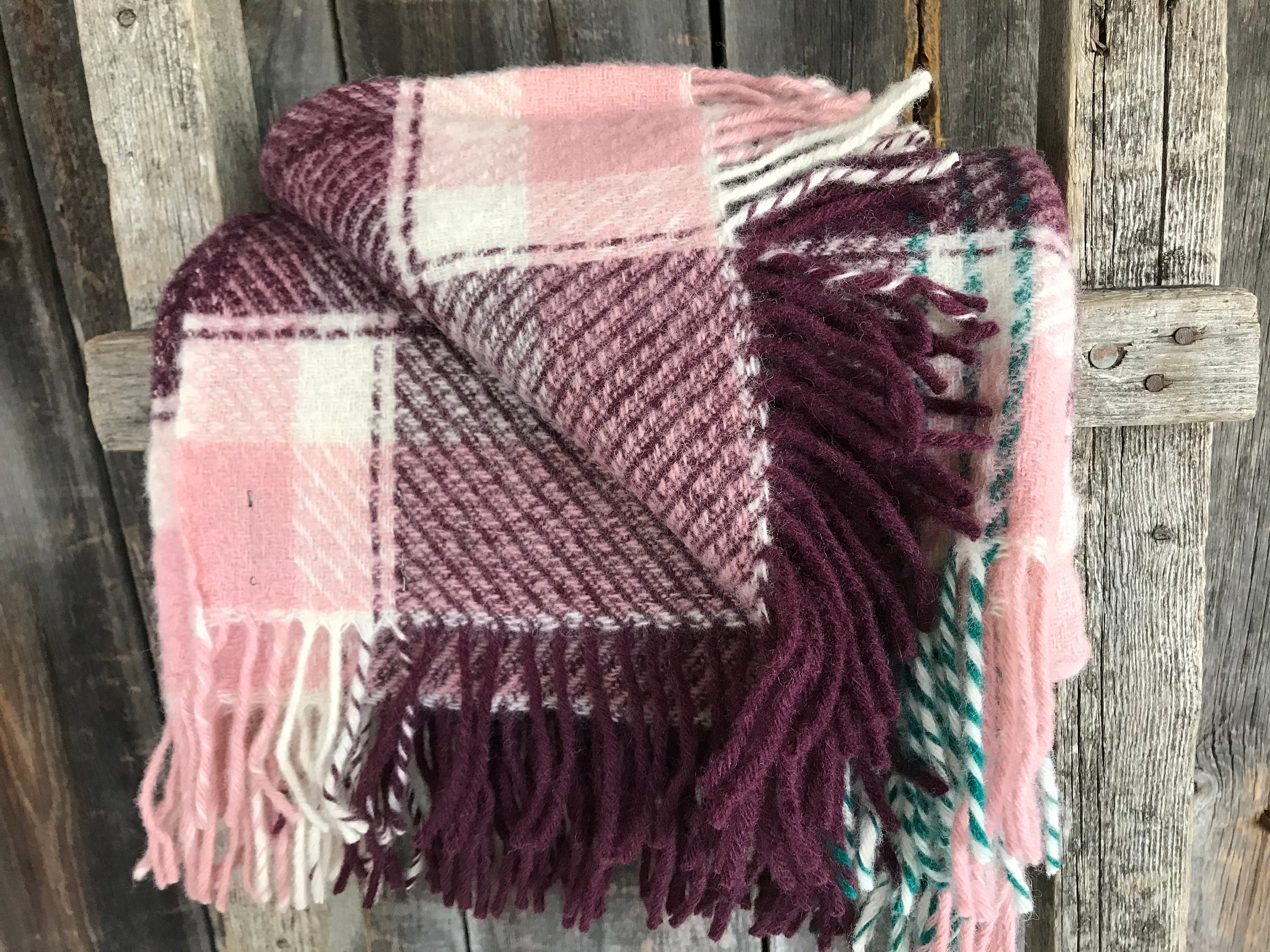 Purple/pink check wool throw blanket with fringes Purple/lilac Etsy