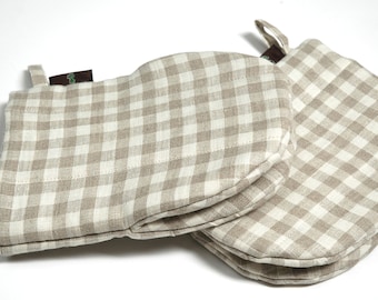 Ensemble de 2 linge à carreaux gris et blanc Four Mitt Pot Holder Porte-pot Gants de cuisine Porte-pots en lin Porte-pots naturels Four Mitts Porte-pots