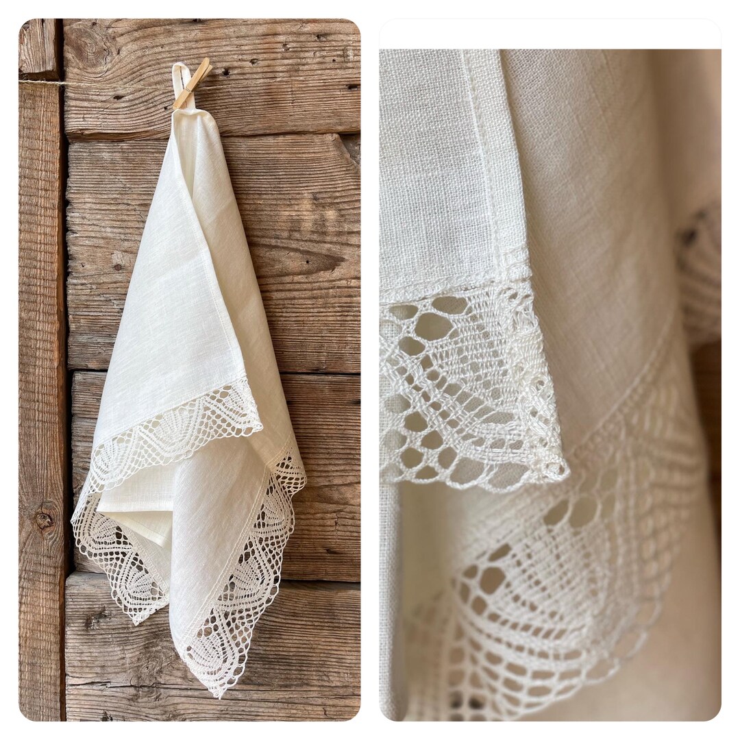 White Linen Tea Towel Floral Wawy Lace, Laced White Linen Tea Towel