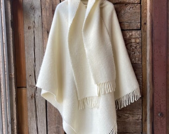 Cream white long lambswool poncho cape with fringes and small shawl Pure wool ladies poncho in check Milk White pure wool large poncho cape