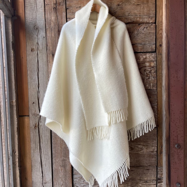 Cream white long lambswool poncho cape with fringes and small shawl Pure wool ladies poncho in check Milk White pure wool large poncho cape