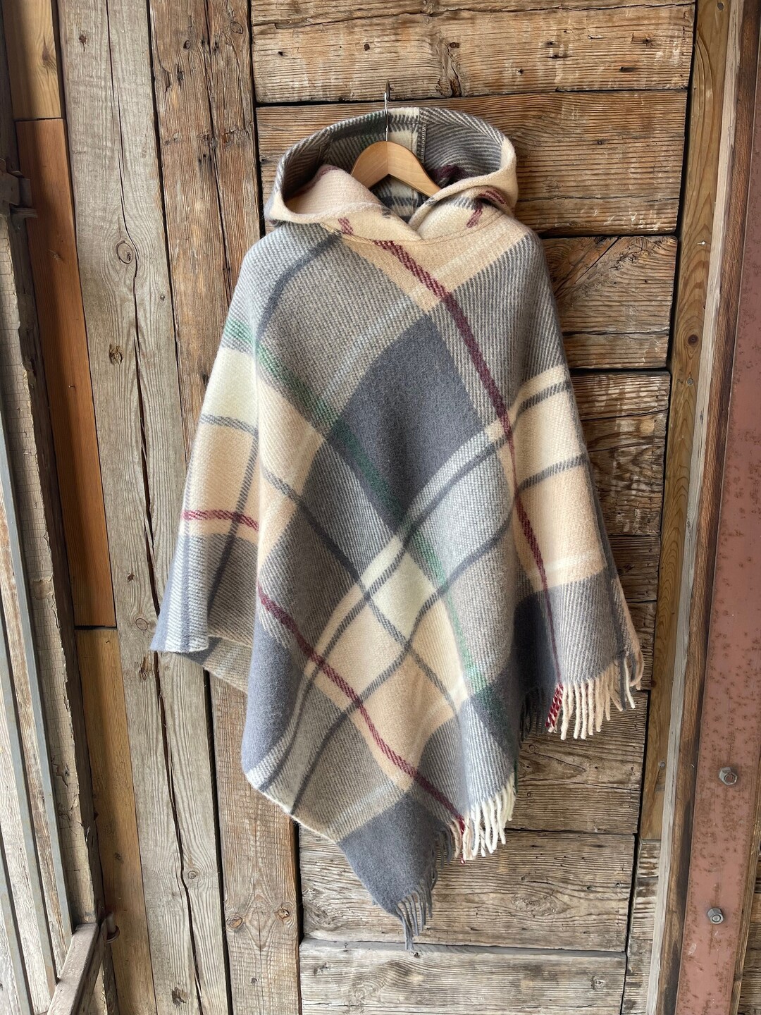 Grey Wool Blanket Poncho Cape in Check Beige/grey Hooded Poncho Cape