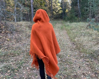 Orange wool poncho cape hooded with fringes Orange poncho cape Long lambswool poncho with fringes Hooded poncho Wool blanket ponchos capes