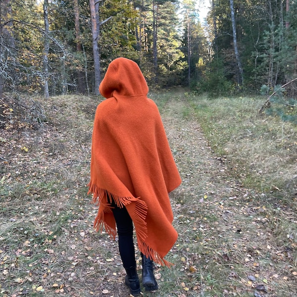 Orange wool poncho cape hooded with fringes Orange poncho cape Long lambswool poncho with fringes Hooded poncho Wool blanket ponchos capes