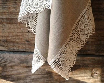 Stonewashed linen kitchen towel with lace, Linen tea towel with beautiful floral lace, Burlap linen tea towel, Grey linen towel&white lace