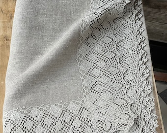 Linen tablecloth with lace Natural grey linen tabletcloth Dining tablecloth grey linen lace Beautiful natural grey linen laced talbecloth