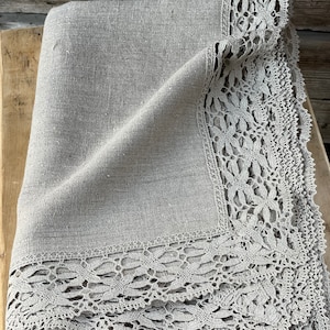 Linen tablecloth with linen lace Natural grey linen tabletcloth Dining tablecloth grey linen lace Floral natural grey linen lace tablecloth