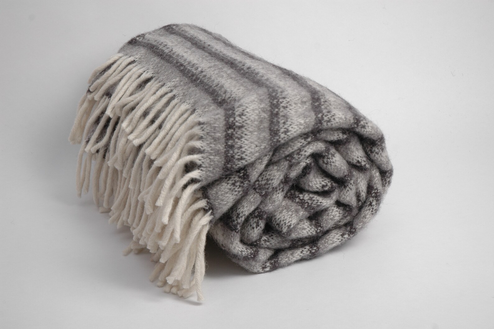 Grey&white striped wool throw blanket with whit fringesWool Etsy