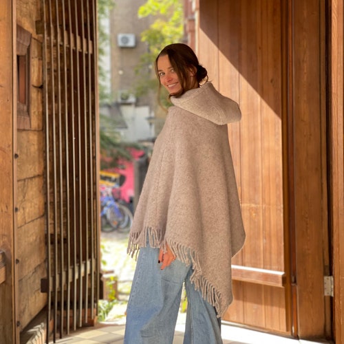 Beige Hooded Lambswool Poncho Cape With Fringes Ladies Poncho Cape