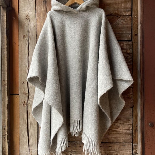 Grey Wool Poncho With Hood and Fringes Light Grey Hooded Poncho