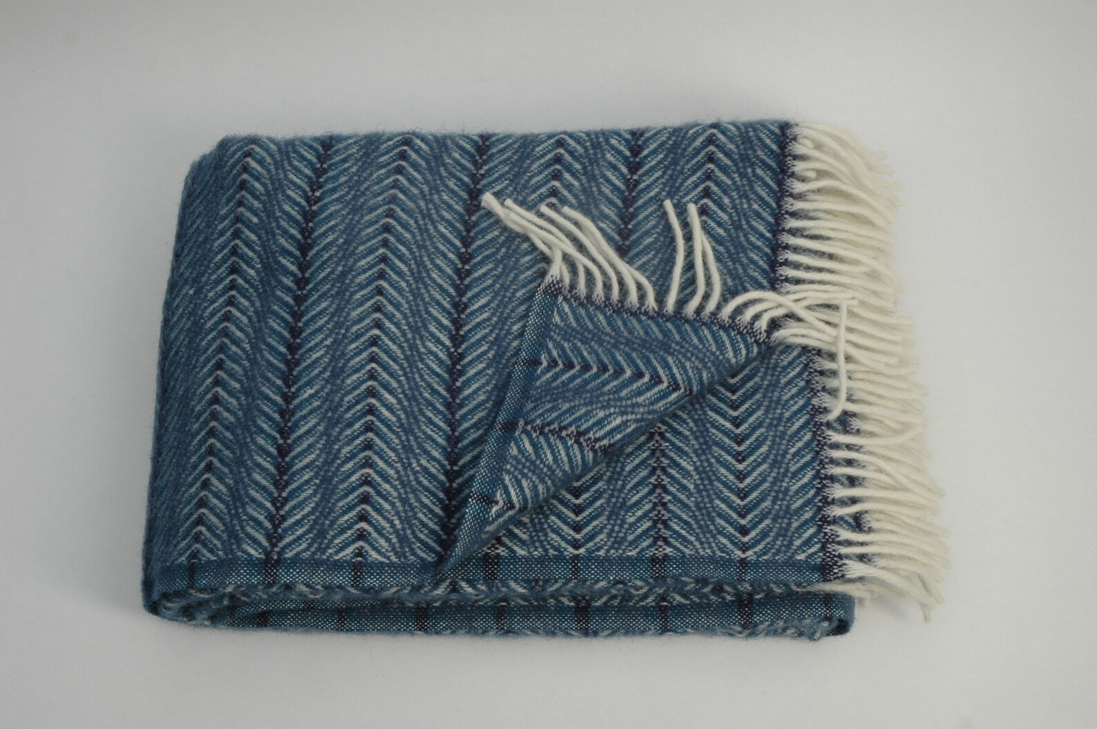 Blue herringbone throw blanket with fringes Pure wool throw Etsy