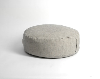 Linen Striped Meditation Cushion Zafu: Buckwheat Fill, Grey Stonewashed