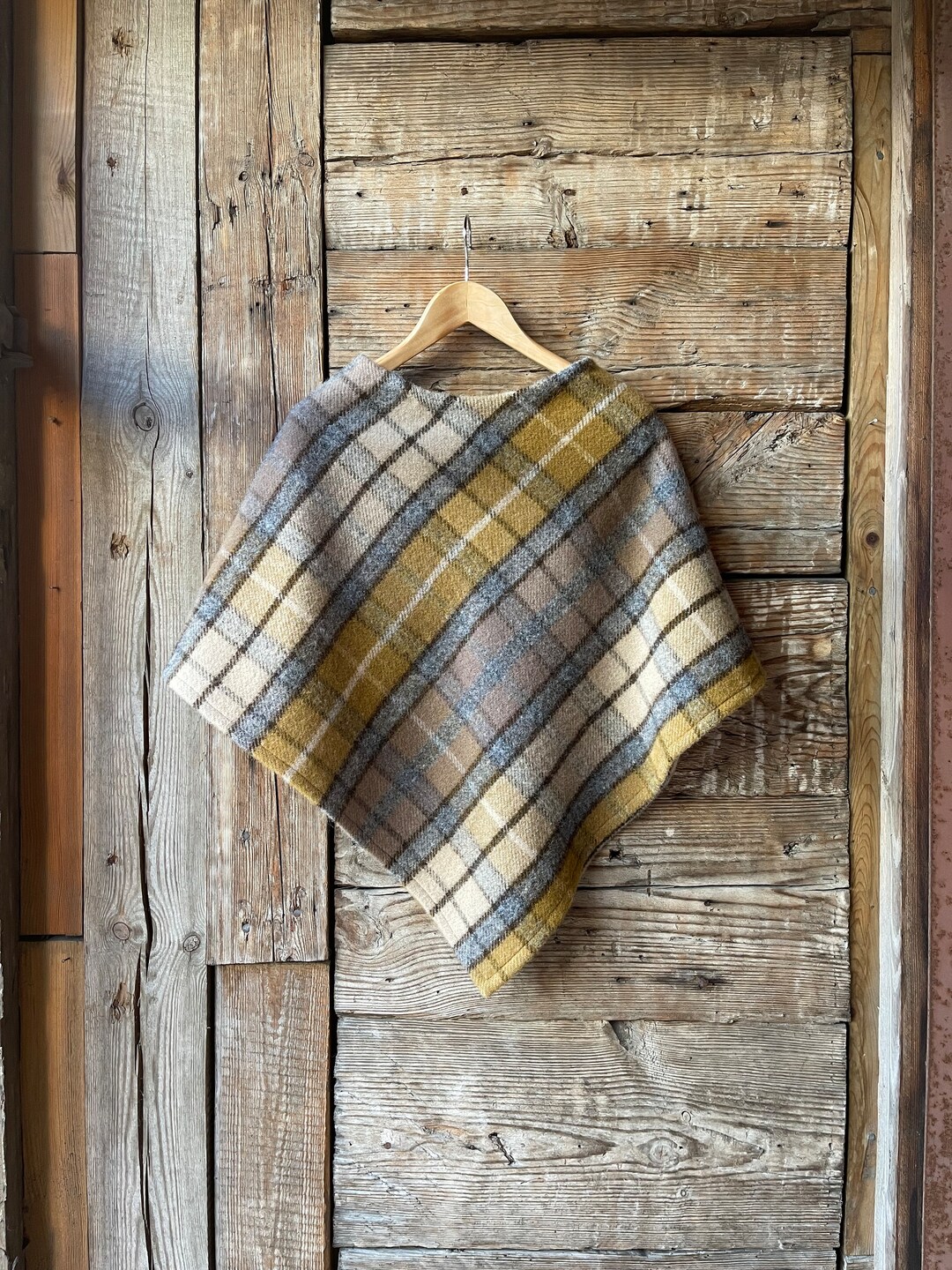 Checked Wool Blanket Poncho Cape Tartan Checked Wool Ponchos Capes Grey
