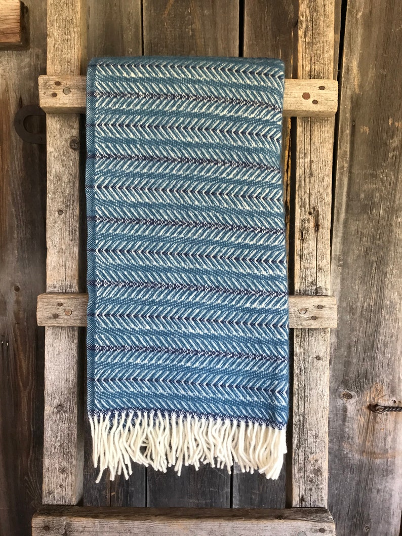 Blue/white herringbone throw blanket with fringes Pure wool Etsy