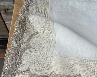 Mantel de lino blanco, Mantel de lino con cordones, Mantel de comedor Mantel de lino blanco encaje de lino Adorno floral encaje blanco/gris natural