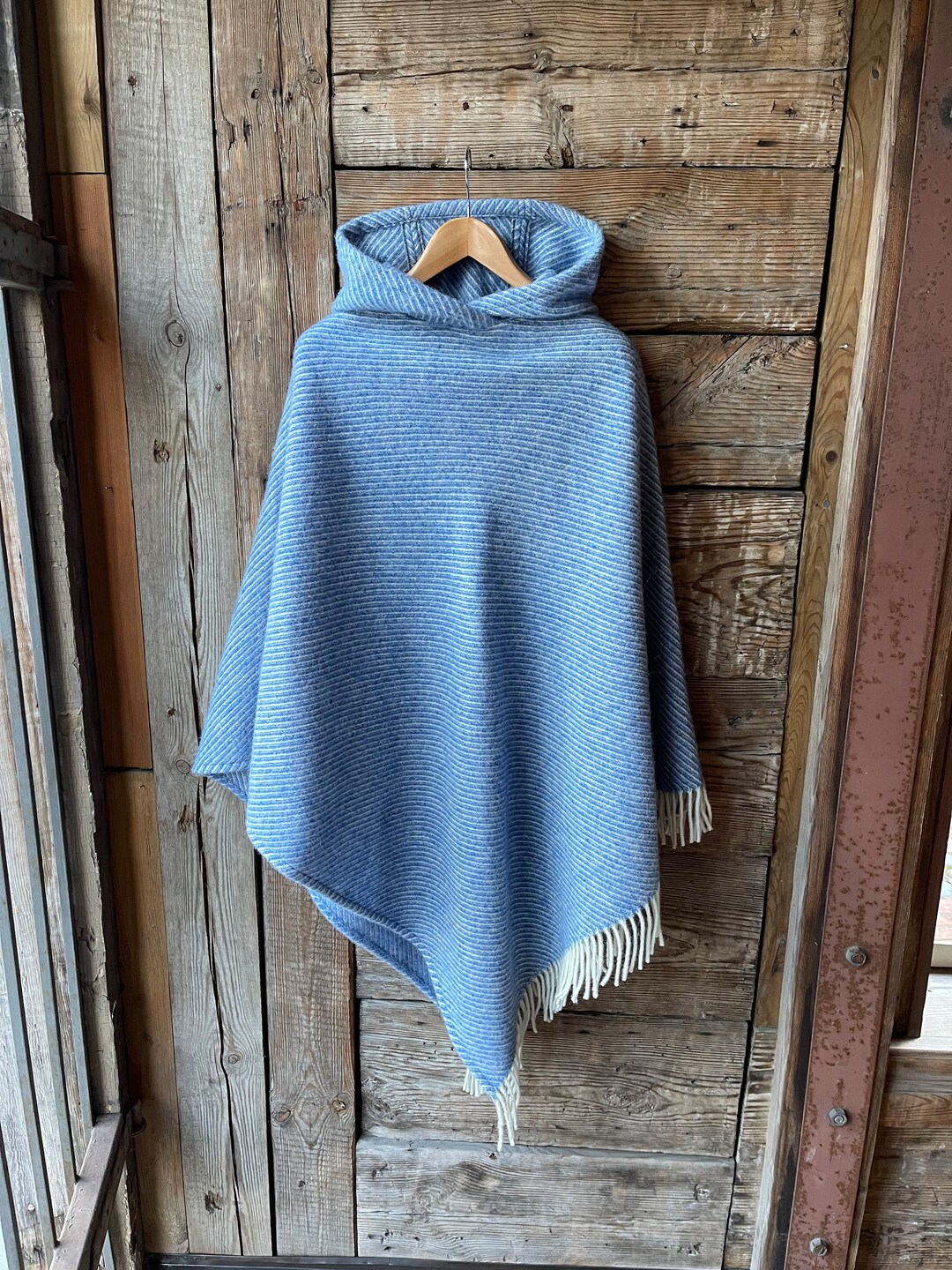 Blue Wool Blanket Poncho Cape With Hood Blue/white Hooded Poncho Cape