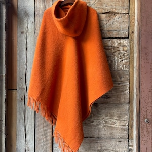 Orange wool poncho cape hooded with fringes Orange poncho cape Long lambswool poncho with fringes Hooded poncho Wool blanket ponchos capes image 5
