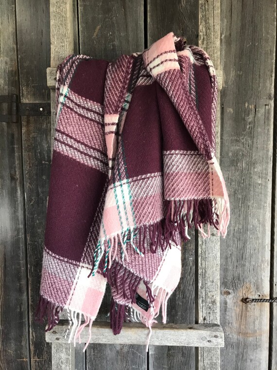 Purple pink Check Wool Throw Blanket With Fringes Purple lilac